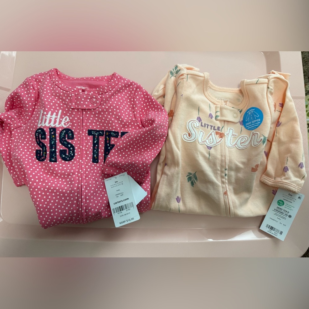 2 Carters “Little Sister” footie pajamas, 3 month